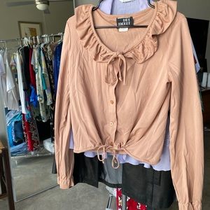 VINTAGE “Hot Ticket” Ruffled Collar and Sleeves Tan Tie Top